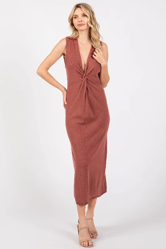 brown-collared-sleeveless-twist-knit-maternity-midi-dress