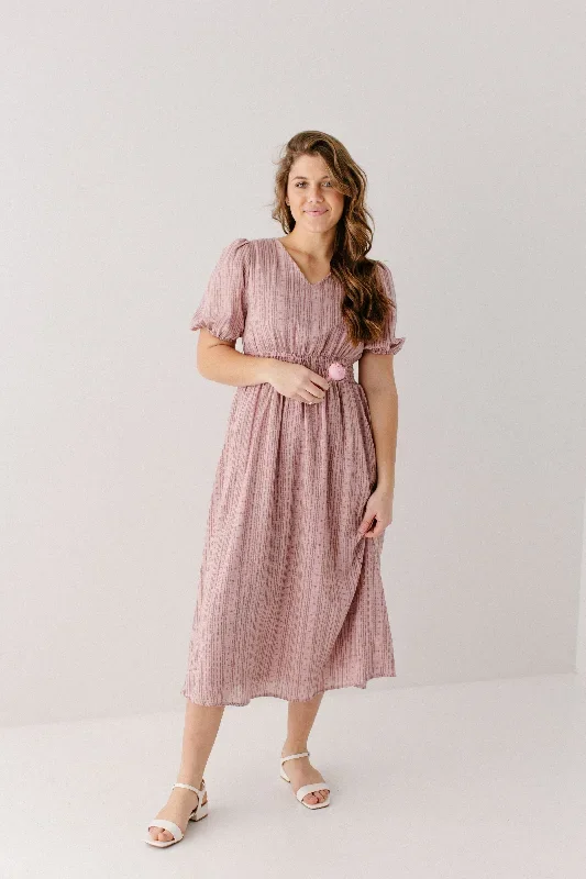 'Cadence' V-Neck Vertical Stripe Midi Dress in Mauve