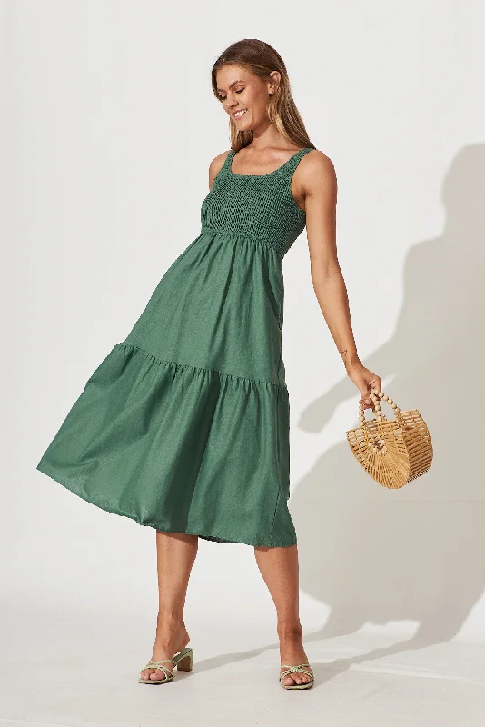 Caribbean Midi Dress In Green Cotton Linen