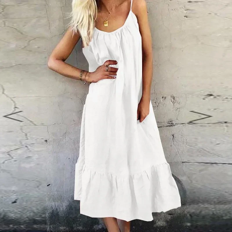 JuliaFashion-Casual Spaghetti Strap Solid Color Midi Dress