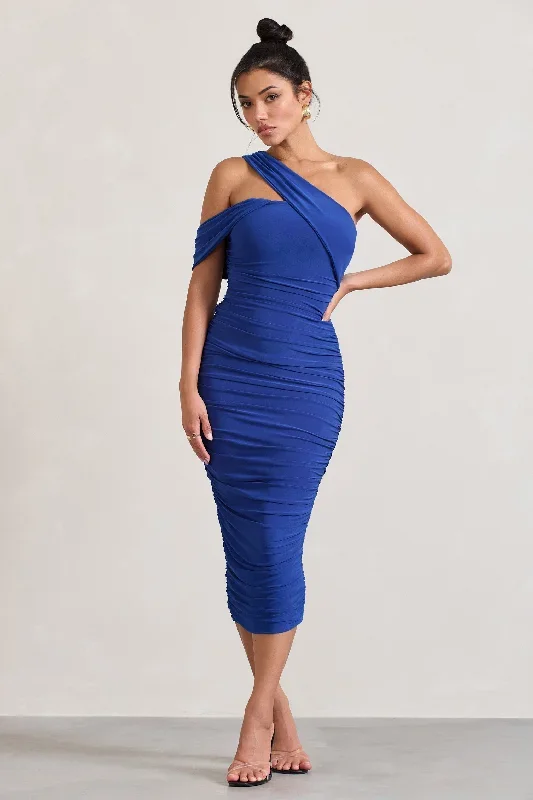 Cici | Cobalt Blue Asymmetric One Shoulder Ruched Midi Dress