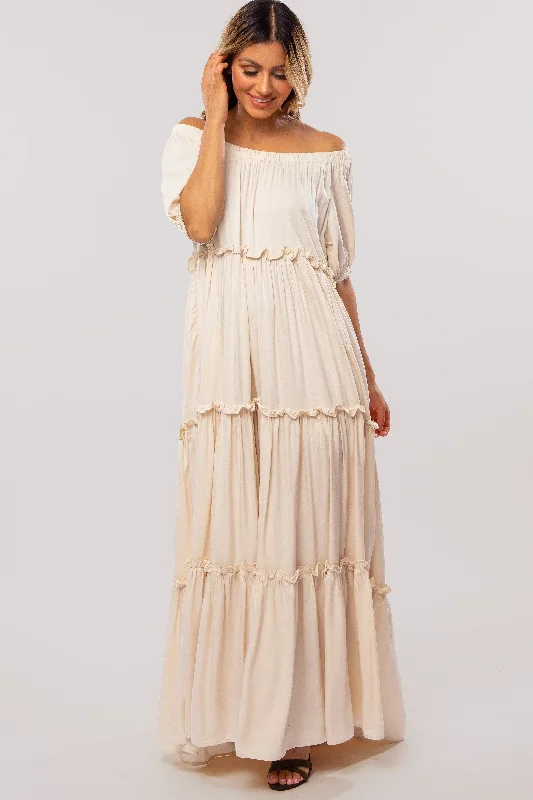 Cream Off Shoulder Ruffle Tiered Maternity Maxi Dress