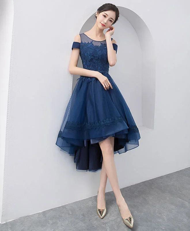 Dark Blue Lace Tulle Short Prom Dress, Homecoming Dress