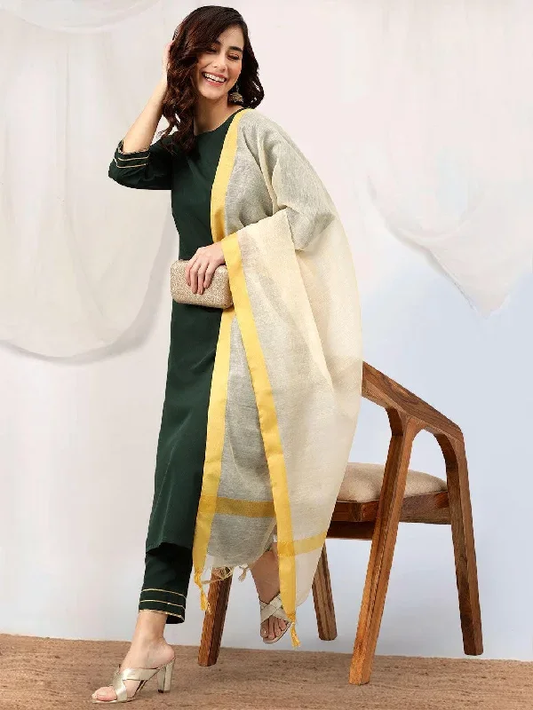 Dark Green Poly Crepe Solid Kurta with Pant and Dupatta