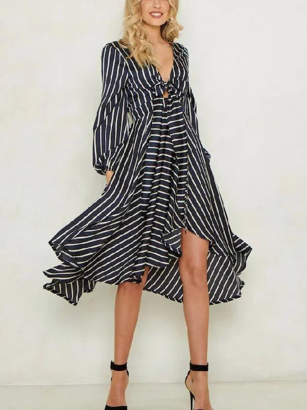 JuliaFashion-Deana Stripe Plunging Neck Midi Dress