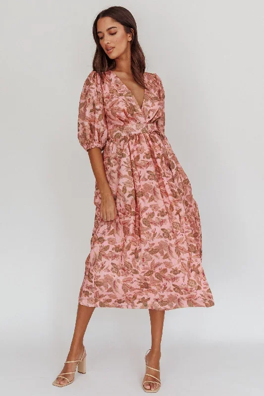 Doris Floral Puff Sleeve Midi Wrap Dress Blush