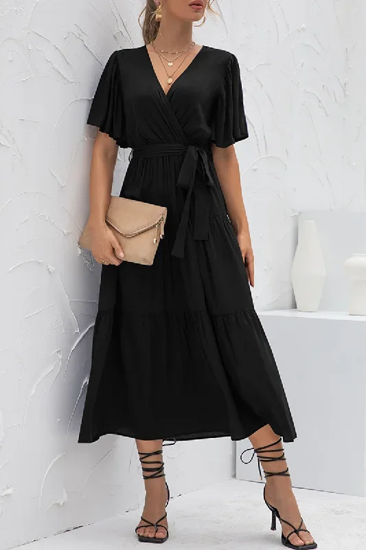 elegant-solid-split-joint-with-belt-v-neck-cake-skirt-dresses