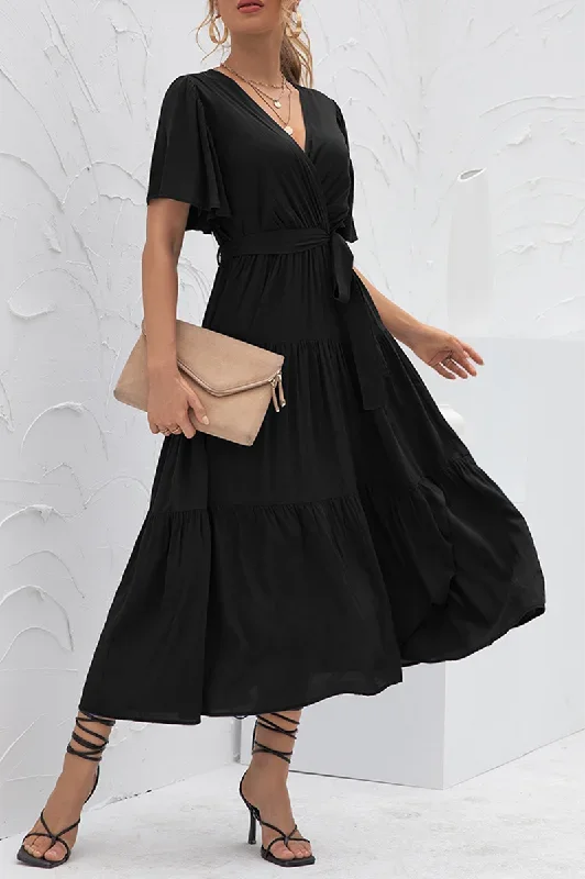 elegant-solid-split-joint-with-belt-v-neck-cake-skirt-dresses