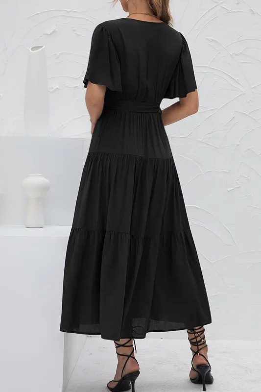 elegant-solid-split-joint-with-belt-v-neck-cake-skirt-dresses