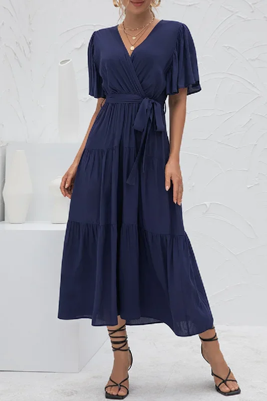 elegant-solid-split-joint-with-belt-v-neck-cake-skirt-dresses