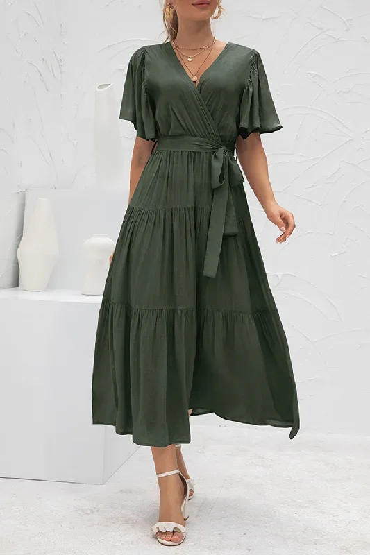 elegant-solid-split-joint-with-belt-v-neck-cake-skirt-dresses