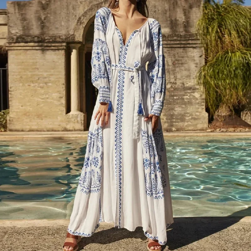 FashionSierra-White  Cotton  Maxi  Ethnic  Tunic  Vintage  Long Sleeve  Embroidery  Autumn  Beach Boho Dress