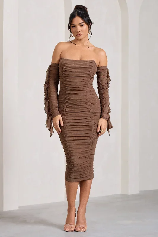 Favor | Mocha Ruched Mesh Bardot Midi Dress