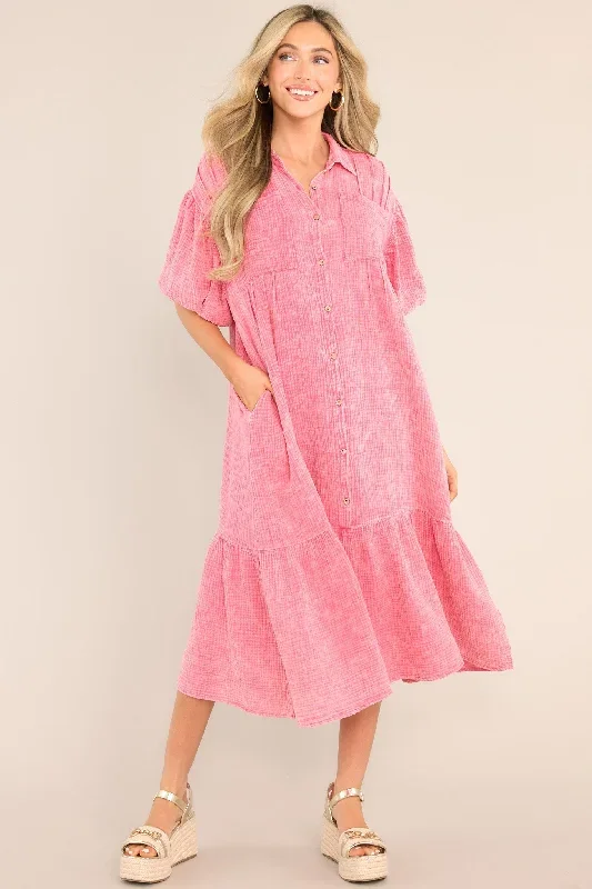 Find Balance Hot Pink Gauze Midi Dress