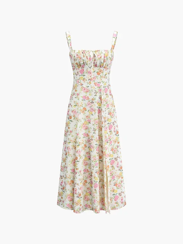 Floral Pleated Tie Long Dress