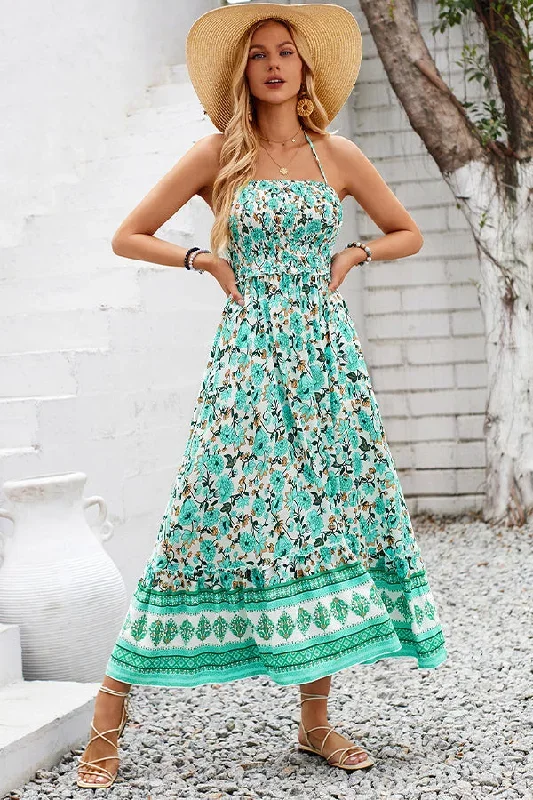 Floral Print Smocked Chest Halter Neck Maxi Dress