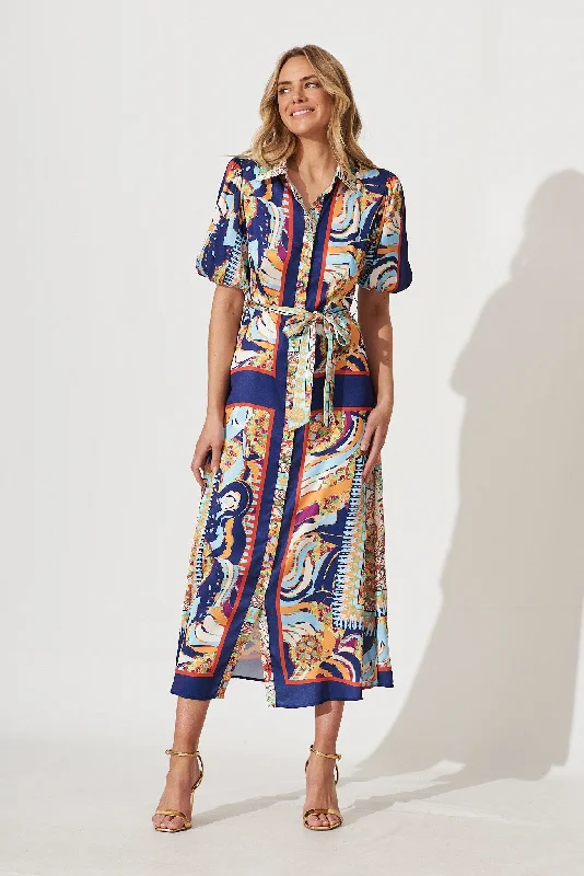 Gabriela Maxi Shirt Dress In Navy Multi Print Satin