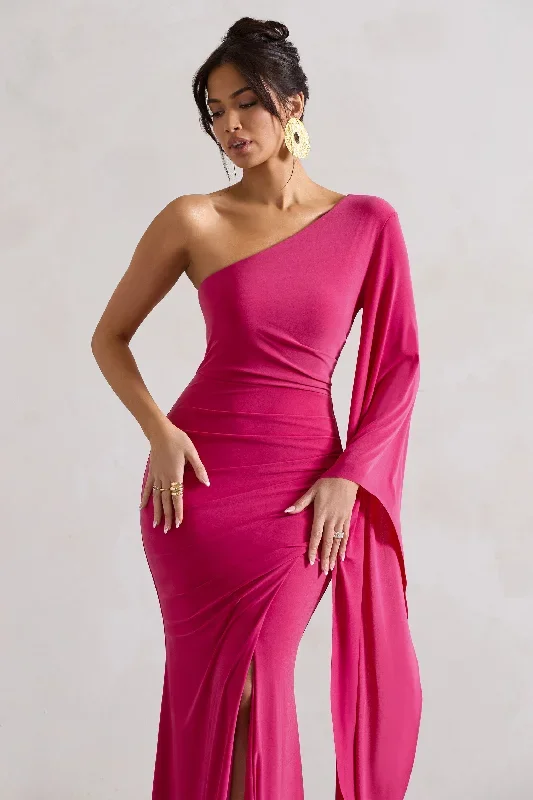 giada-dark-pink-ruched-asymmetric-maxi-dress-with-cape-sleeve-cl131010112