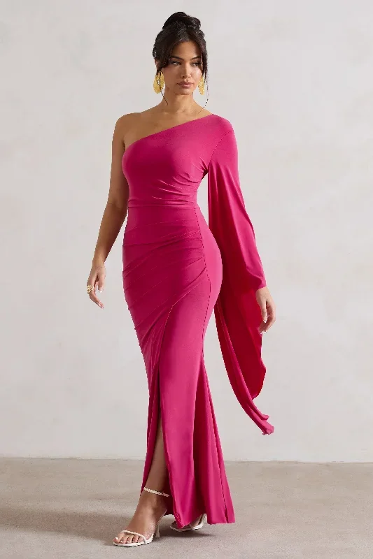 giada-dark-pink-ruched-asymmetric-maxi-dress-with-cape-sleeve-cl131010112