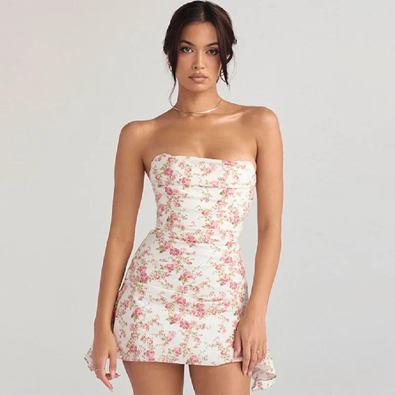 Glamorous Rose Printed Ruched Strapless Corset Mini Dress - Floral