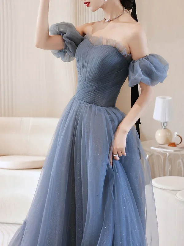 Gray Blue Tulle Long Prom Dress, Gray Blue Evening Dress