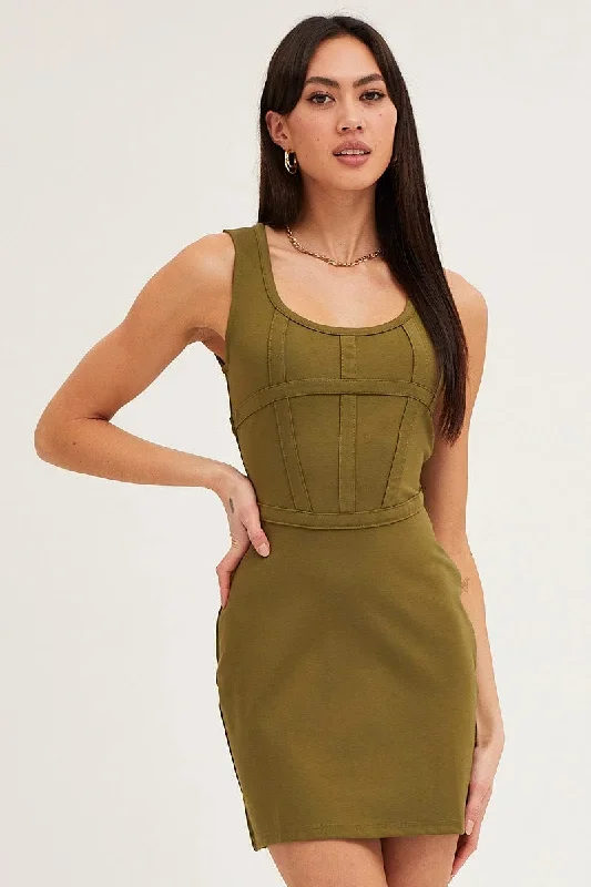 Green Mini Dress Sleeveless Corset Detail Bodycon