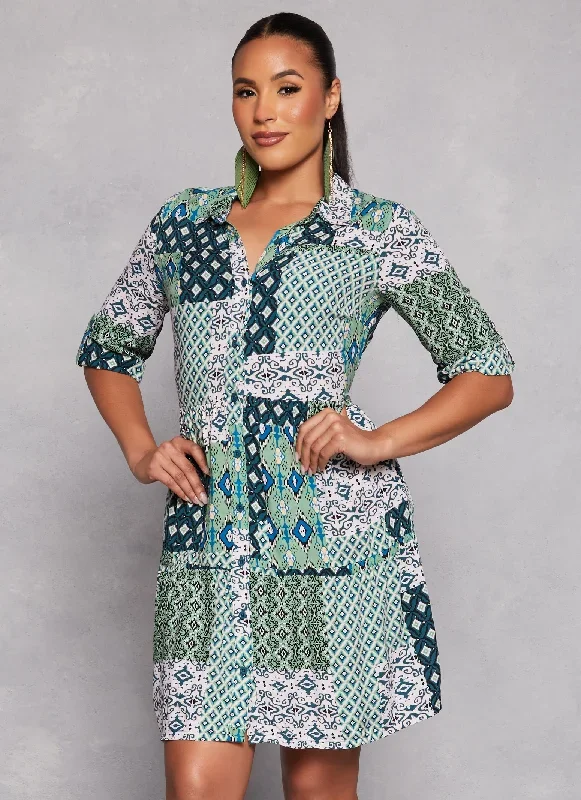 Patchwork Print Button Front Shirt Dress