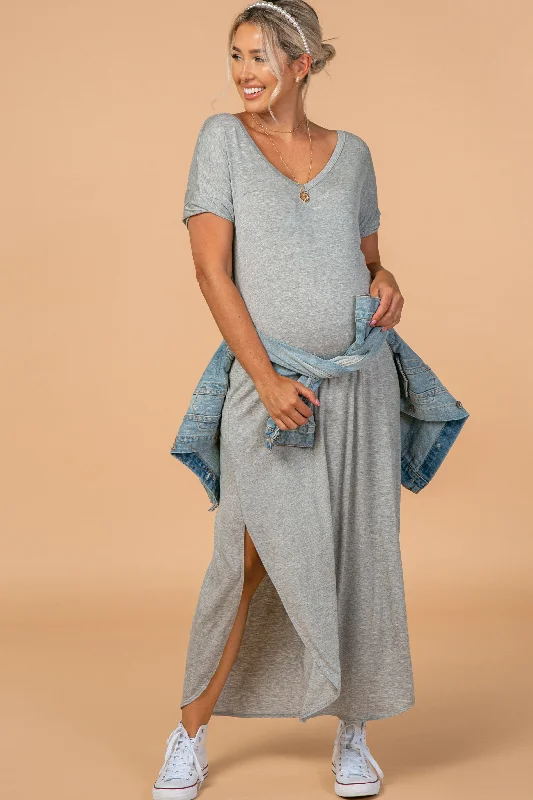 grey-solid-short-sleeve-maternity-maxi-dress