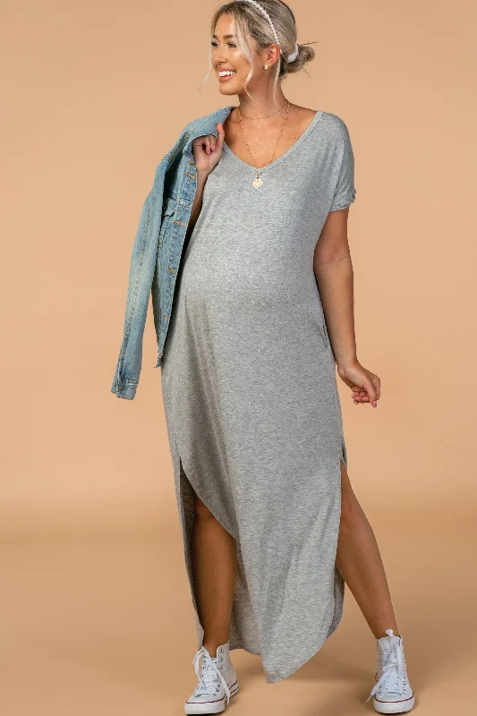 grey-solid-short-sleeve-maternity-maxi-dress