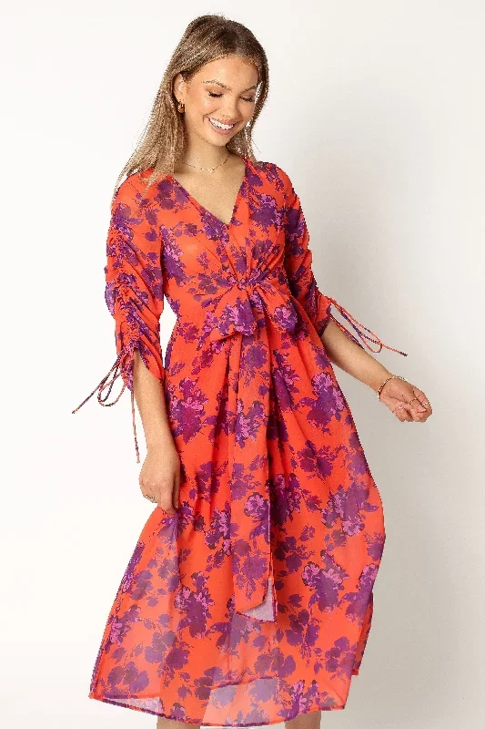 Hallie Midi Floral Dress - Red Wine