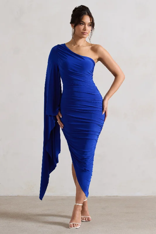 Halsey | Royal Blue Ruched One Shoulder Asymmetric Midi Dress