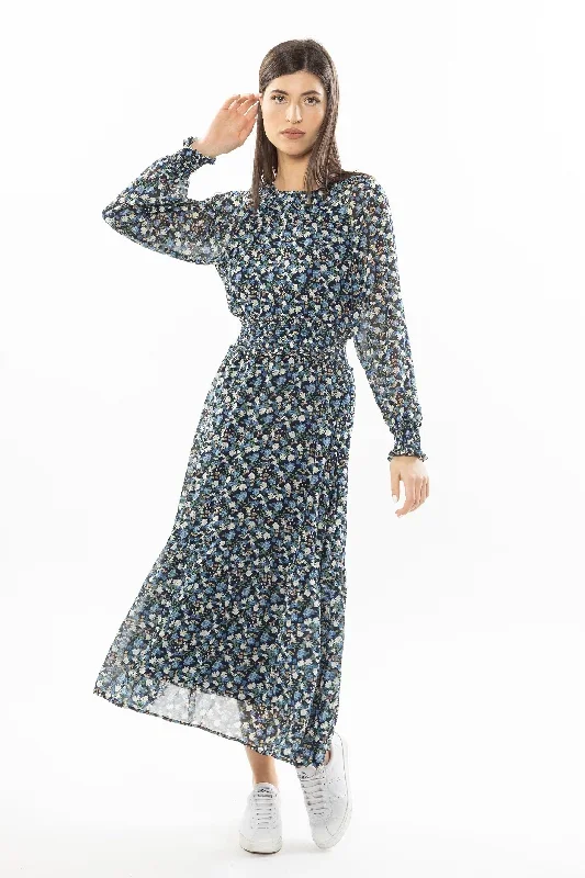 Harmony Navy Multi Floral LS Shirred Waist Midi Dress