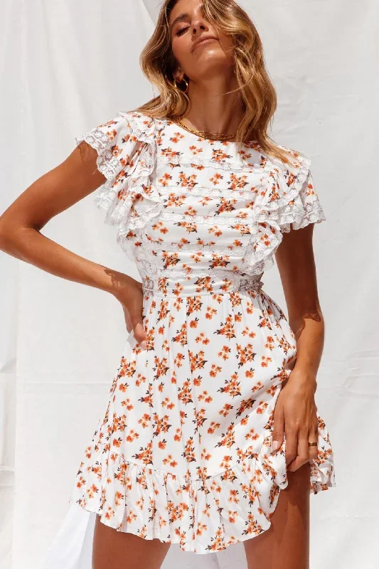 Hello Sunshine Lace Trim Ruffle Shoulder Dress Floral Print White/Orange