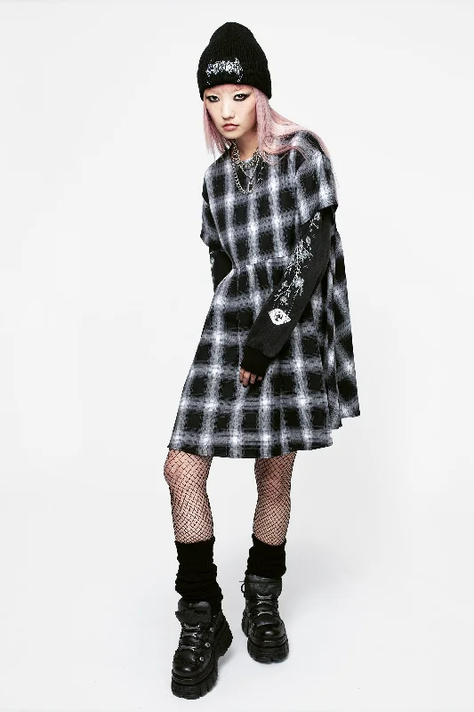 hypnos-layered-sleeve-check-mini-smock-dress