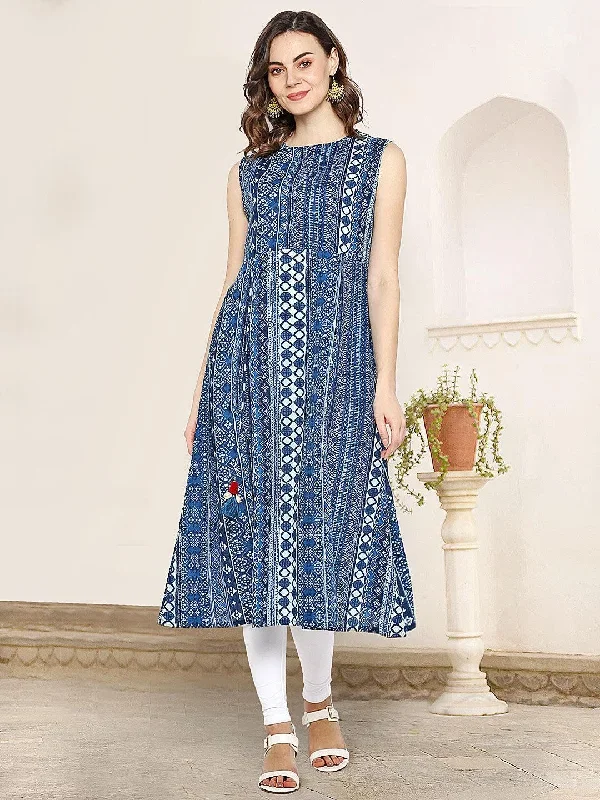 Indigo Cotton Ethnic Motifs Flared Kurta