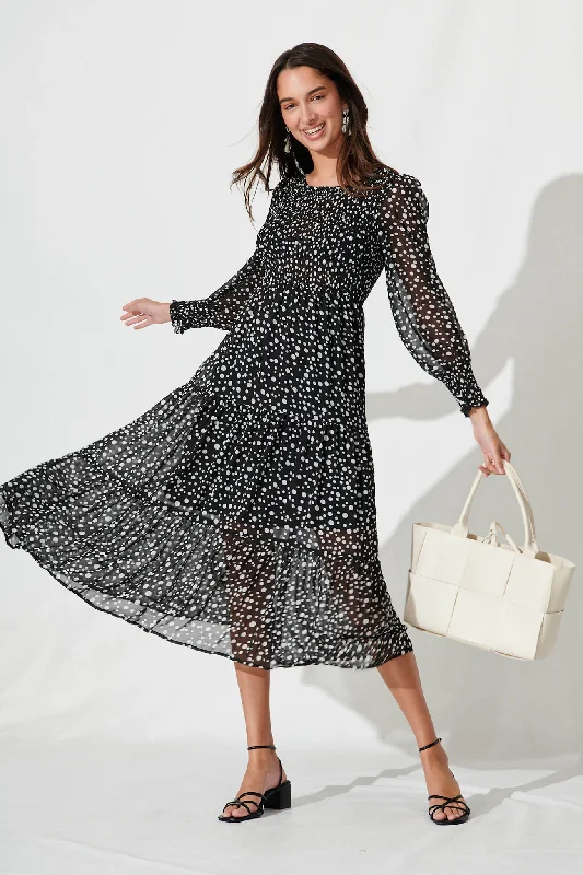 Jaseline Midi Dress In Black With White Spot