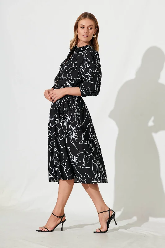 Jenna Midi Shirt Dress In Black With White Print Cotton