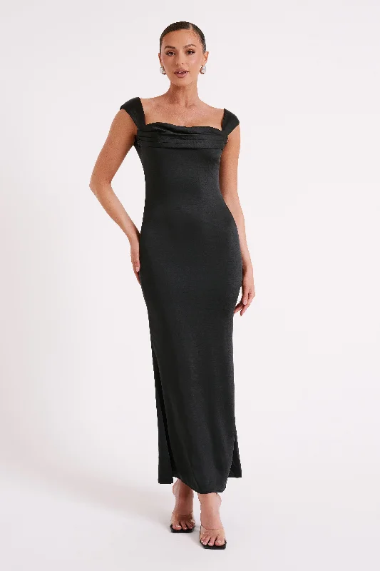 Lacey Backless Satin Maxi Dress - Black