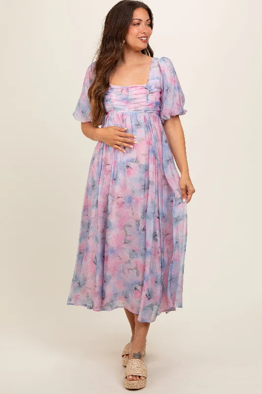 Lavender Floral Square Neck Short Puff Sleeve Lace-Up Back Maternity Midi Dress