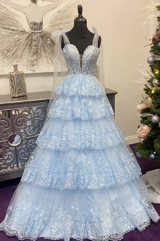 Light Blue Tulle Appliques Tying Strap Ruffle Tiered Long Prom Dress