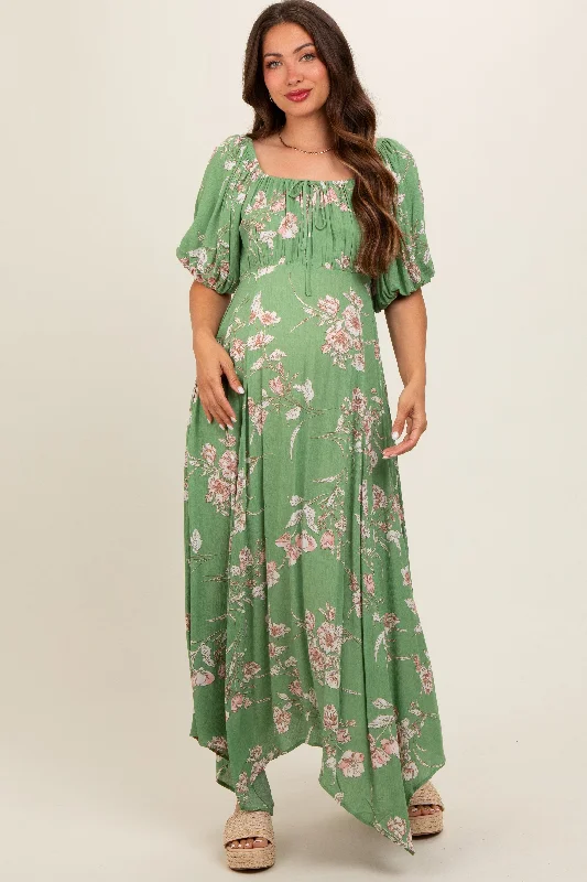 light-olive-floral-puff-sleeve-maternity-maxi-dress