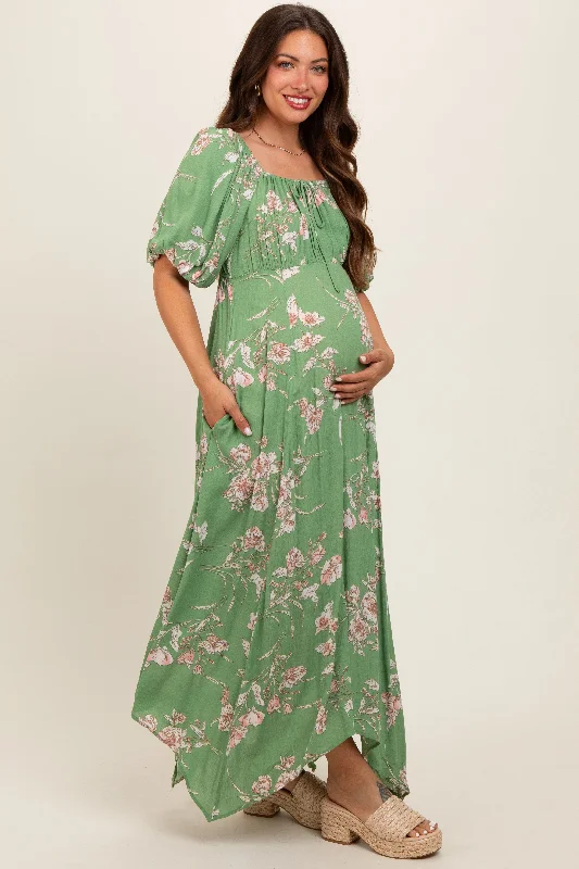 light-olive-floral-puff-sleeve-maternity-maxi-dress