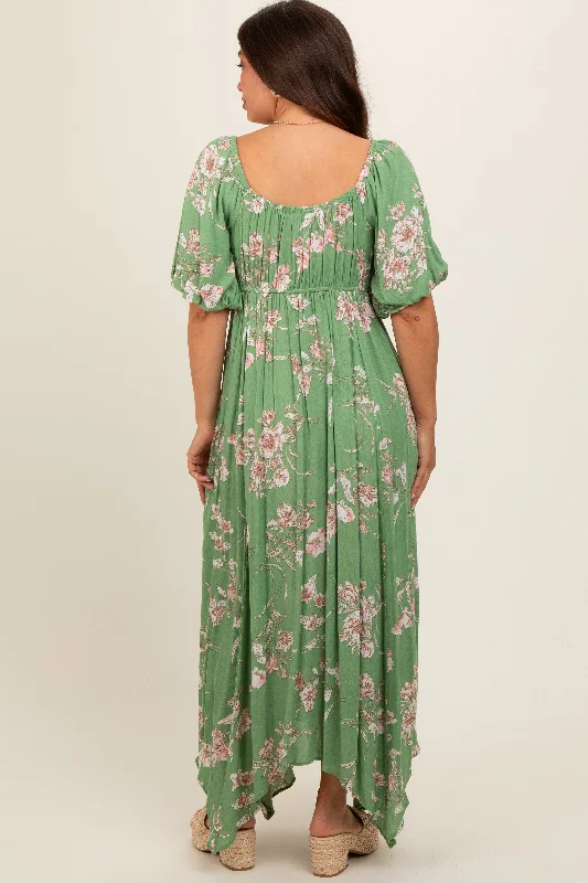 light-olive-floral-puff-sleeve-maternity-maxi-dress