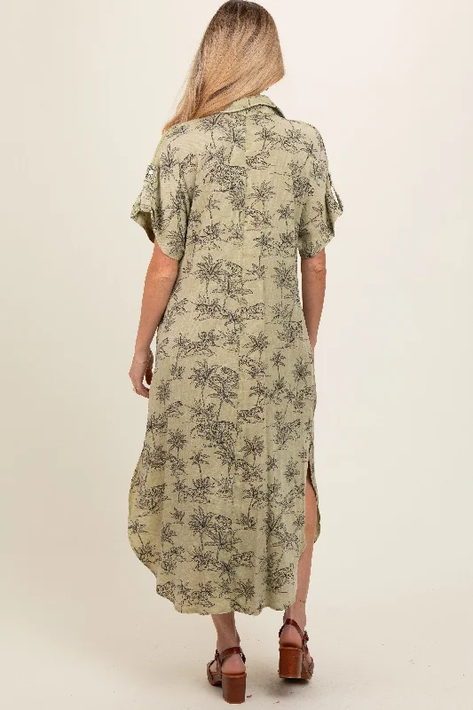 light-olive-tiger-print-button-front-rounded-hem-maternity-midi-dress