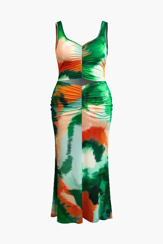 Plus Size Tie Dye Ruched Cut Out Maxi Dress