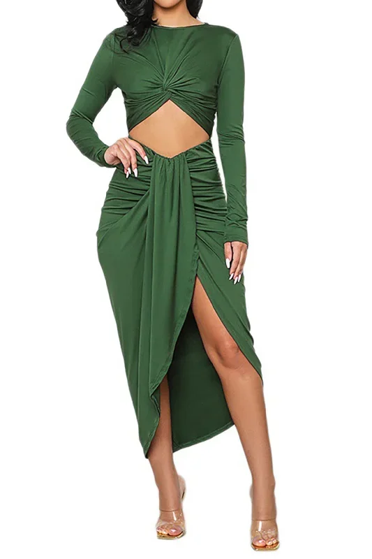 Twist Front Cut Out Ruched Long Sleeve Midi Dress