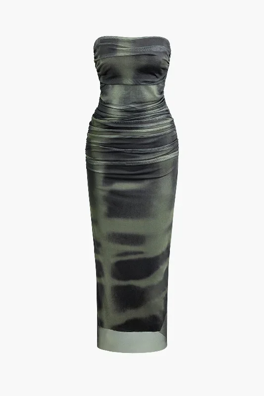 Tie Dye Strapless Ruched Mesh Midi Dress