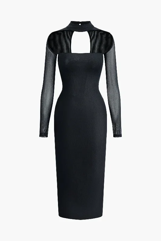 Cut Out Mesh Mock Neck Zipper Midi Dress