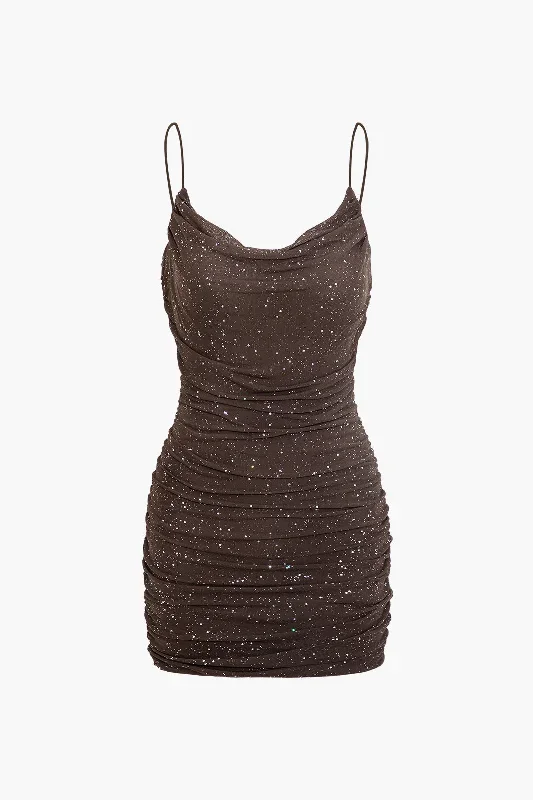 Sequin Cowl Neck Ruched Mesh Slip Mini Dress