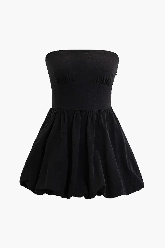 Pleated Puffy Strapless Mini Dress